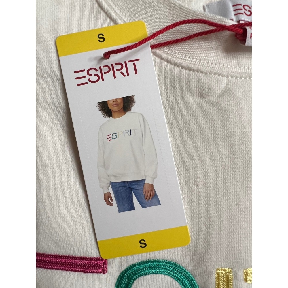 ESPRIT Logo Sweatshirt Women S Cream Crewneck Relaxed Fit Cotton Blend NWT 80s - Picture 4 of 11
